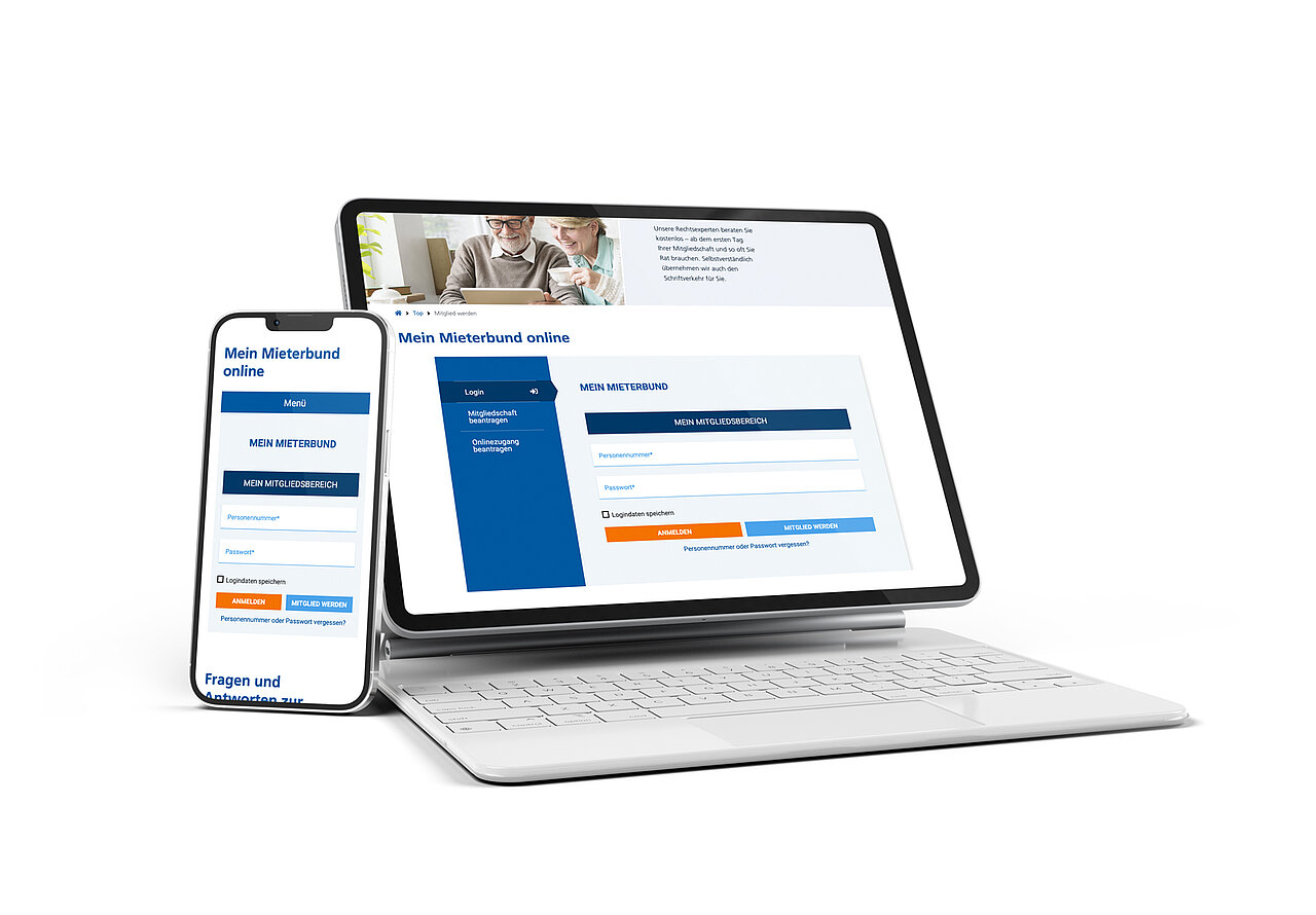 iphone und iPad mit Darstellung des Onlinetools Mein Mieterbund