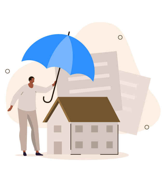 Illustration: Person hält symbolisch einen Regenschirm über ein Haus, im Hintergrund sind Dokumente angedeutet